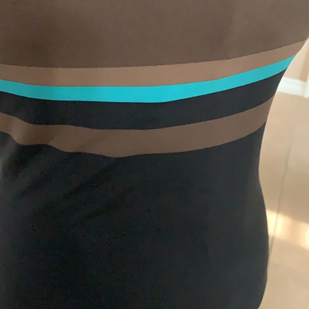 DKNY black, brown & teal striped one piece swimsuit halter Size M - Picture 3 of 17